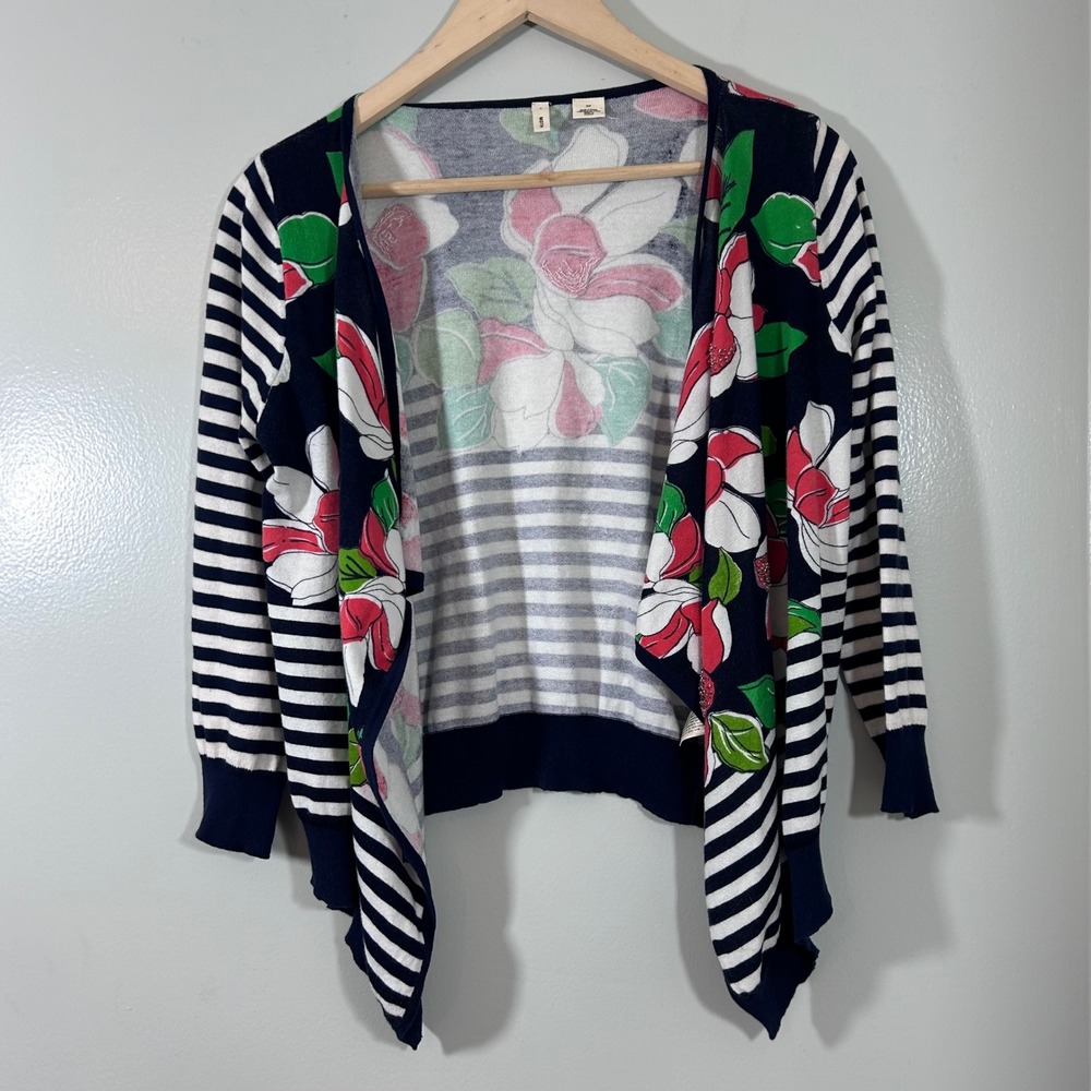 Moth Anthropologie Floral Striped Beaded Open Front Cardigan Navy White Small